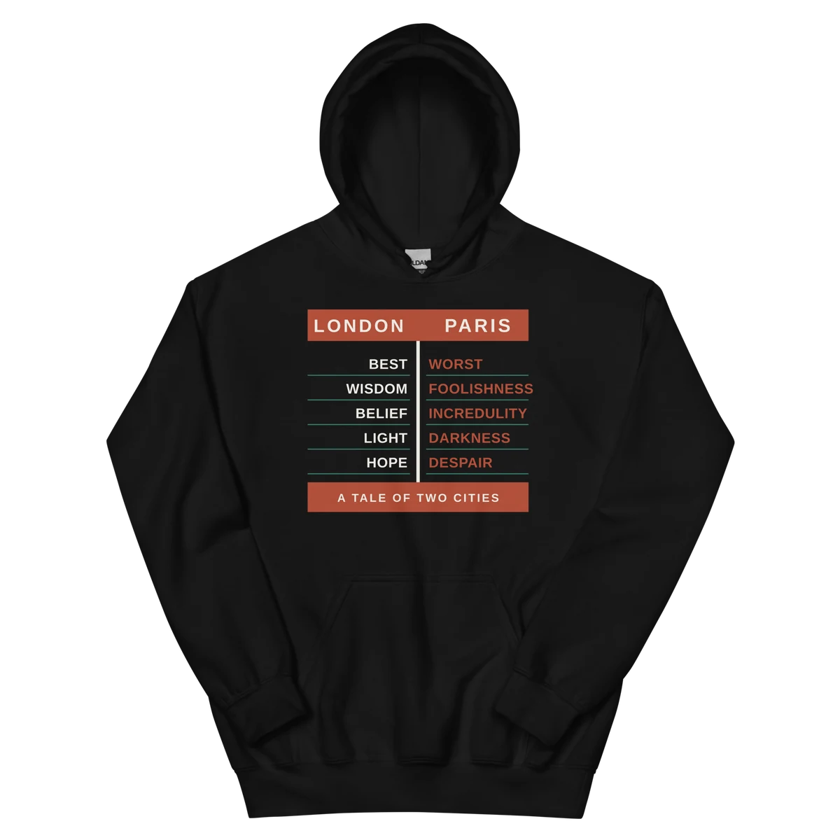 Dos ciudades, sudadera con capucha en color negro