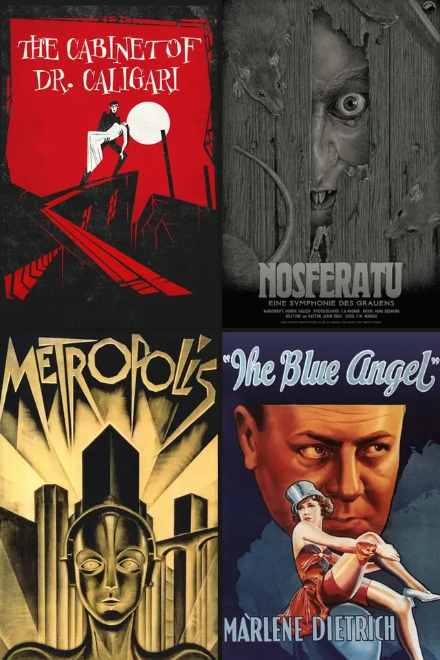 Carteles de El gabinete del doctor Caligari, Nosferatu, el vampiro, Metrópolis, El ángel azul