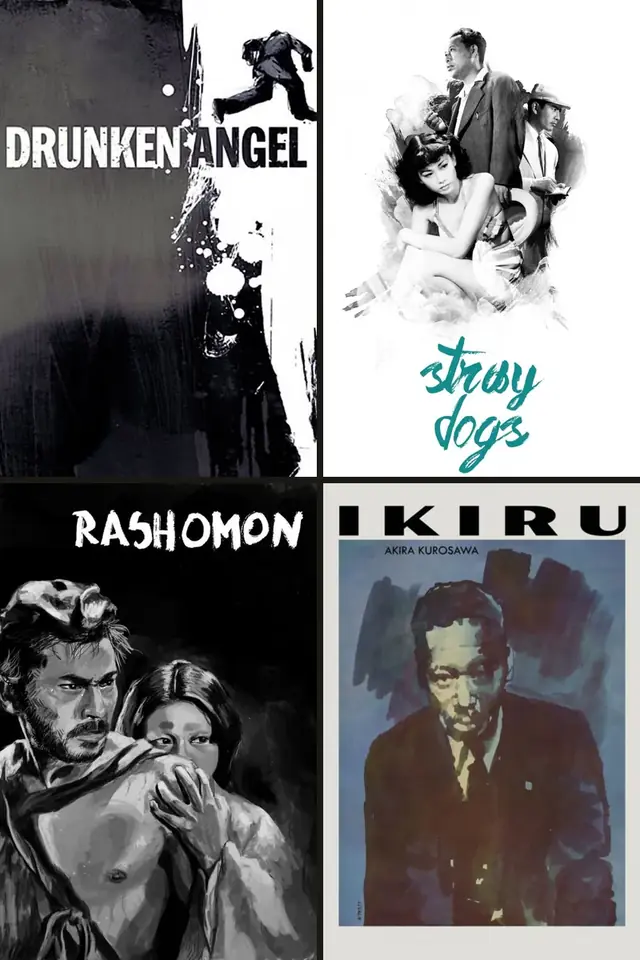 Carteles de El ángel ebrio, El perro rabioso, Rashōmon, Ikiru