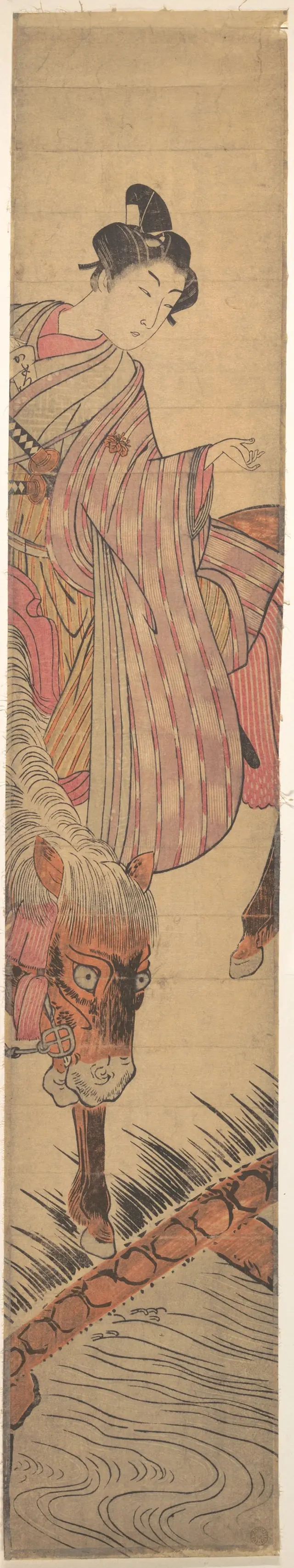 Young Samurai on Horseback Crossing a Bridge