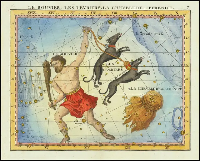 1776 star chart of the constellations Comae Berenices, Bootes & Cannes Venatici and neighboring constellations, from Fortin's Atlas Celeste de Flamsteed