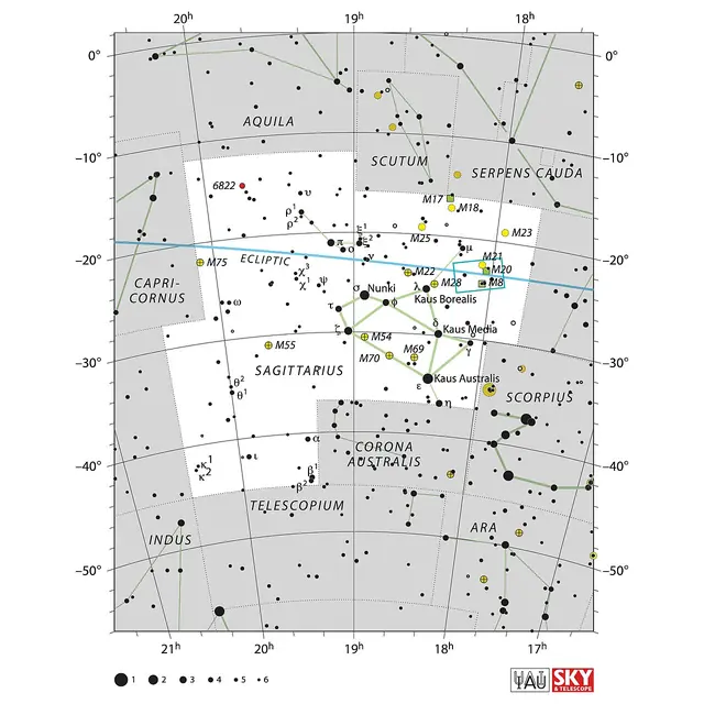 Constellation Chart Showing Rubin's Observation of the Trifid and Lagoon Nebulae (noirlab2521bs)