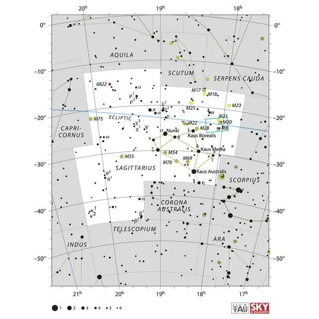 Constellation Chart Showing Rubin's Observation of the Trifid and Lagoon Nebulae (noirlab2521bs)