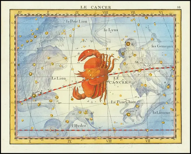 1776 chart of the constellation Cancer and neighboring constellations, from Fortin's Atlas Celeste de Flamsteed