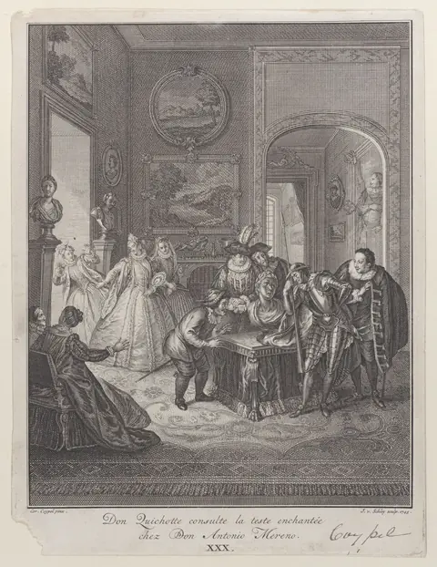 Plate 30: Don Quixote consults the enchanted head at Don Antonio Moreno's house (Don Quichotte consulte la teste enchantée chez Don Antonio Mereno)