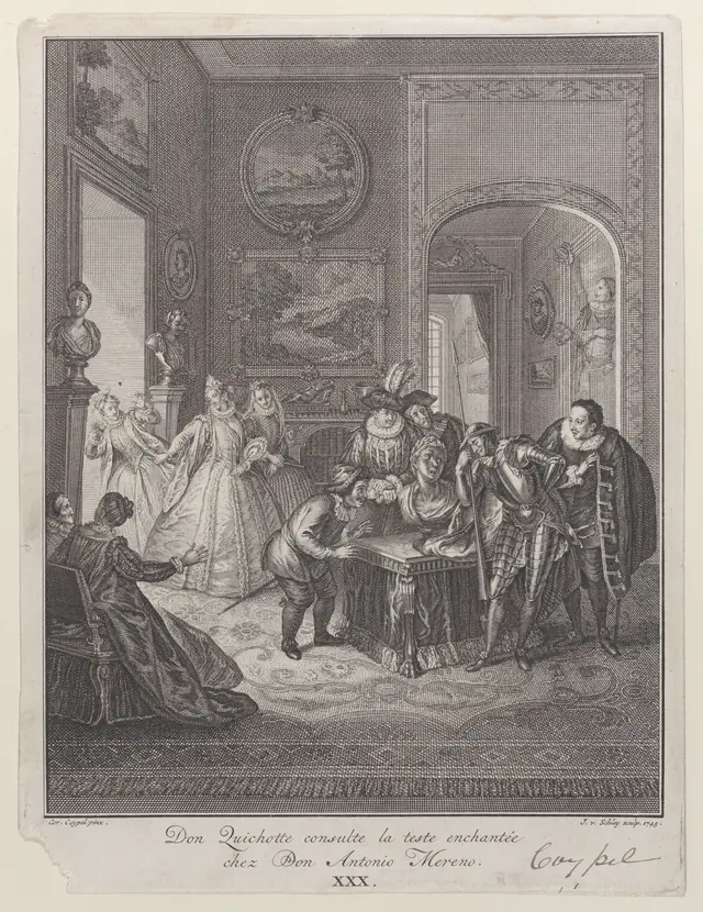 Plate 30: Don Quixote consults the enchanted head at Don Antonio Moreno's house (Don Quichotte consulte la teste enchantée chez Don Antonio Mereno)