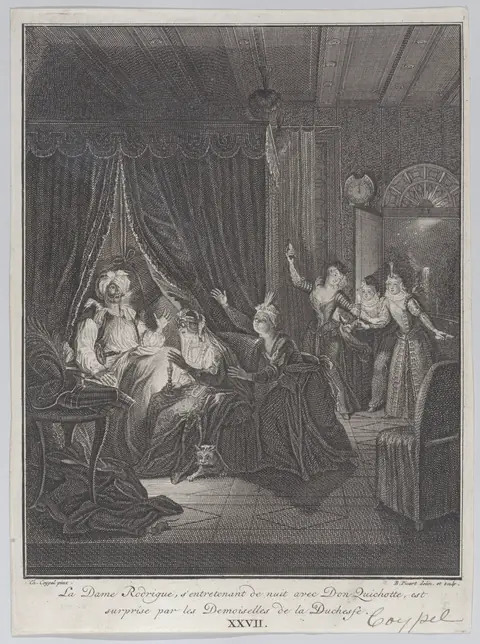 Plate 27: Doña Rodriguez, who is speaking at night with Don Quixote, is surprised by the ladies of the Duchess (La Dame Rodrigue, s'entretenant de nuit avec Don Quichotte, est suprise par les Demoisel