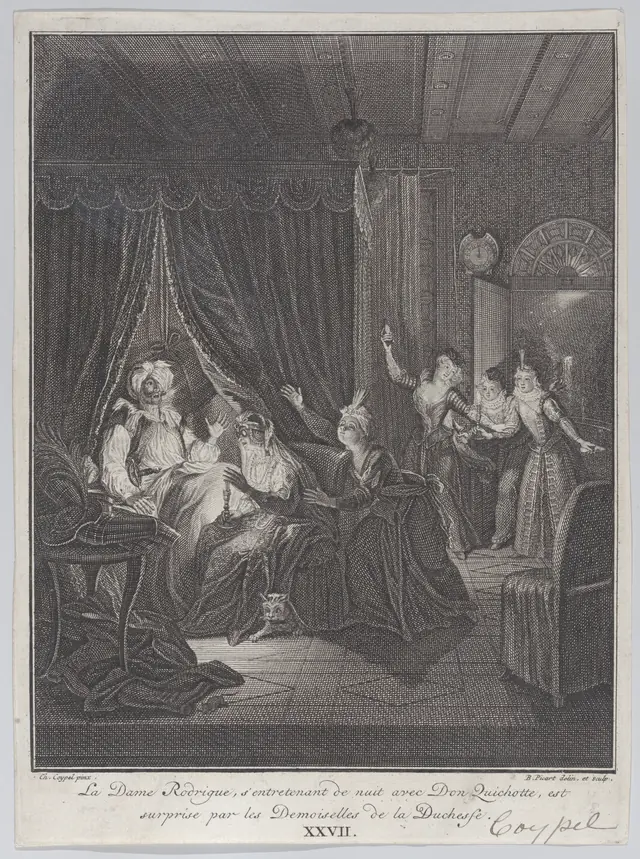 Plate 27: Doña Rodriguez, who is speaking at night with Don Quixote, is surprised by the ladies of the Duchess (La Dame Rodrigue, s'entretenant de nuit avec Don Quichotte, est suprise par les Demoisel