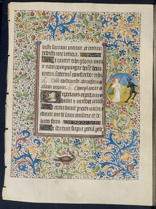 Leaf from a Book of Hours: Angel Chasing a Devil (recto) and Two Devils (verso)