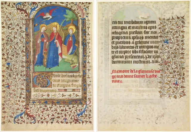 Leaf from a Book of Hours: Sts. Geneviève, Catherine of Alexandria, and Margaret (recto) and Text (verso)