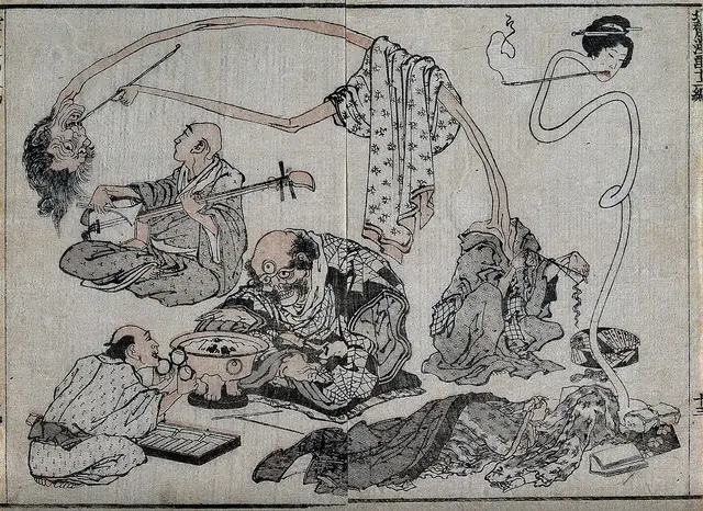 A strange Japanese scene of people with odd features