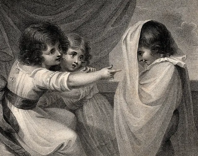 A boy appearing to two girls as a ghost. Stipple engraving.