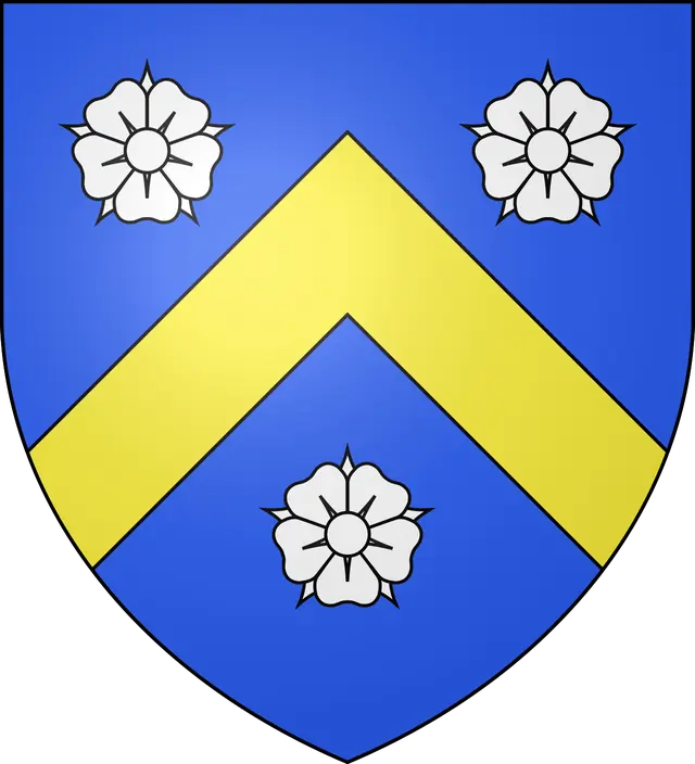 Blason-azur-chevron-or-3-roses-argent