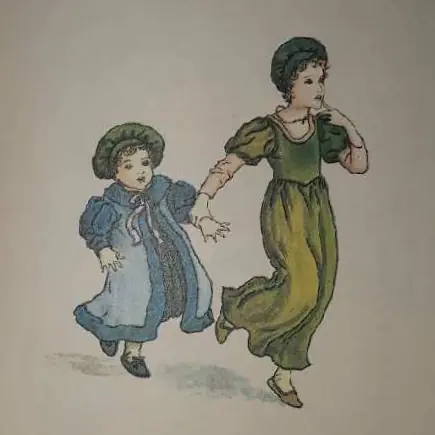 Page 31 The Pied Piper of Hamelin 1888 taken by MystinaRose, small feet pattering, with wooden shoes clattering. Mommy & Son. Green dress and blue outfit with bonnets