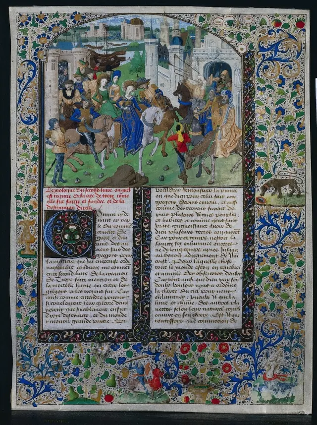 Leaf from Jehan de Courcy's "Chronique Universelle": King Priam Meets Helen and Paris outside the Gates of Troy