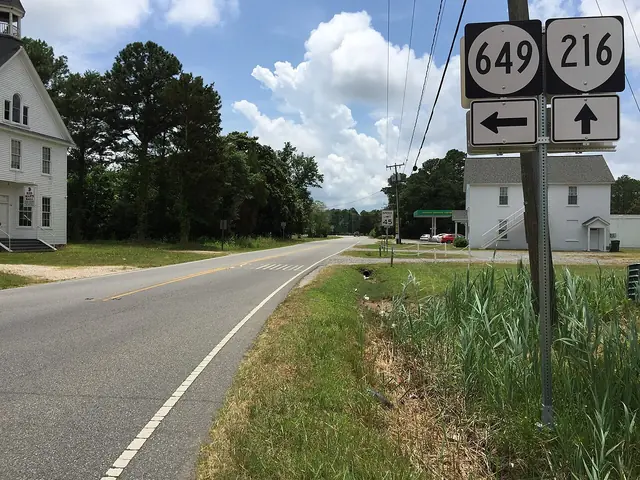 2017-07-05 13 57 05 View west along Virginia State Route 216 (Guinea Road) at Maryus Road (Virginia State Secondary Route 649) in Achilles, Gloucester County, Virginia