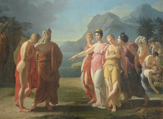 French: Calypso recevant dans son île Télémaque et Mentor Calypso Receiving Telemachus and Mentor on her Island title QS:P1476,fr:"Calypso recevant dans son île Télémaque et Mentor