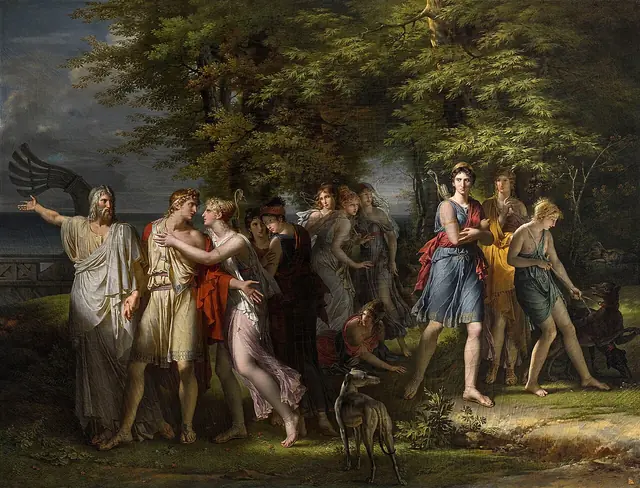 Telemachus, Urged by Mentor, Leaving the Island of Calypso label QS:Lfr,"Télémaque, pressé par Mentor, quitte l’île de Calypso" label QS:Len,"Telemachus, Urged by Mentor, Leaving t