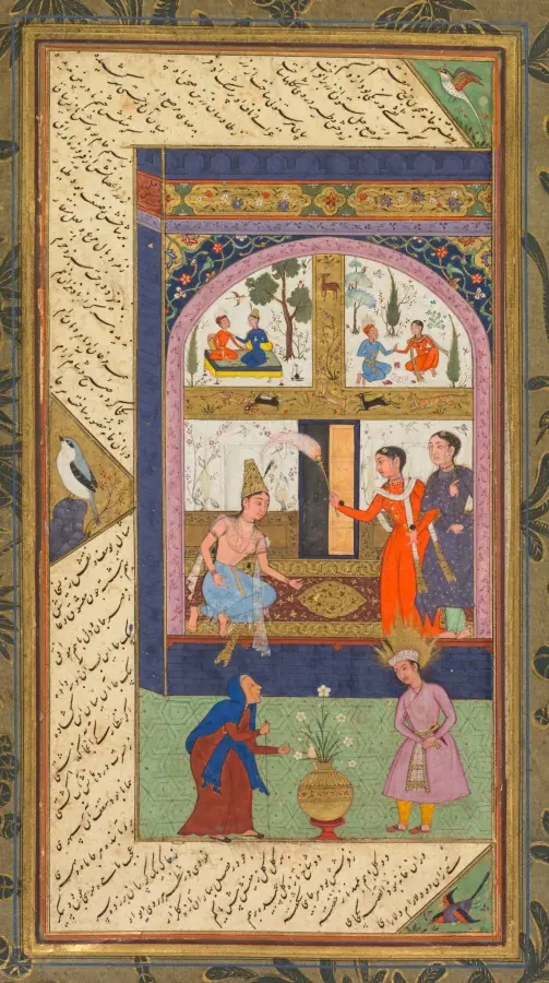 Zulaykha in her palace and as an old woman with Joseph, from a Panj Ganj (Five Treasures) of Abd al-Rahman Jami (Persian, 1414–1492); verso from a Panj Ganj of Abd al-Rahman Jami (Persian, 1414–1492), with two masnavis: Yusuf va Zulaykha (Joseph and Zulaykha) and Khirad-nama-i Is