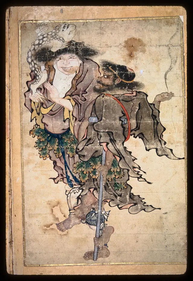 Two Taoist immortals, Li Tiehguai with a crutch and Liu Xuanying (Liu Hai) carrying his three-legged