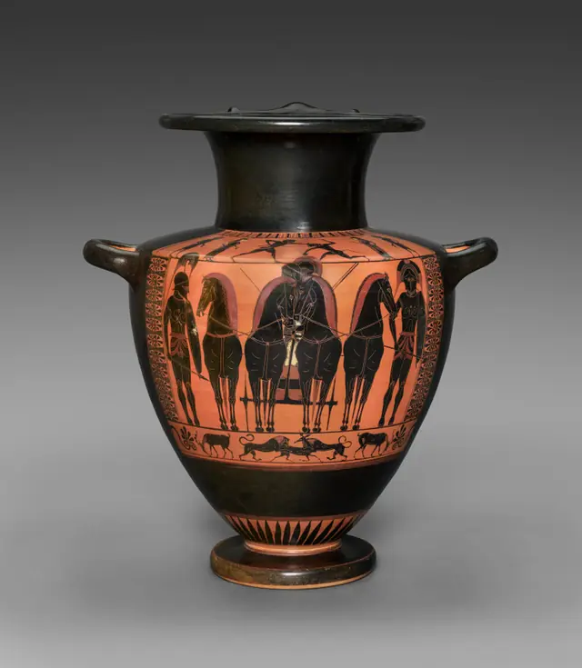 Black-Figure Hydria (Water Vessel): Frontal Quadriga (Body); Theseus and Minotaur (Shoulder)