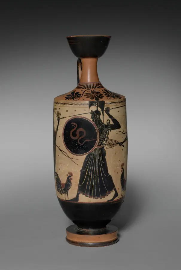 Black-Figure White-Ground Lekythos (Oil Vessel): Athena between Cocks and Hieropoioi (Officials)