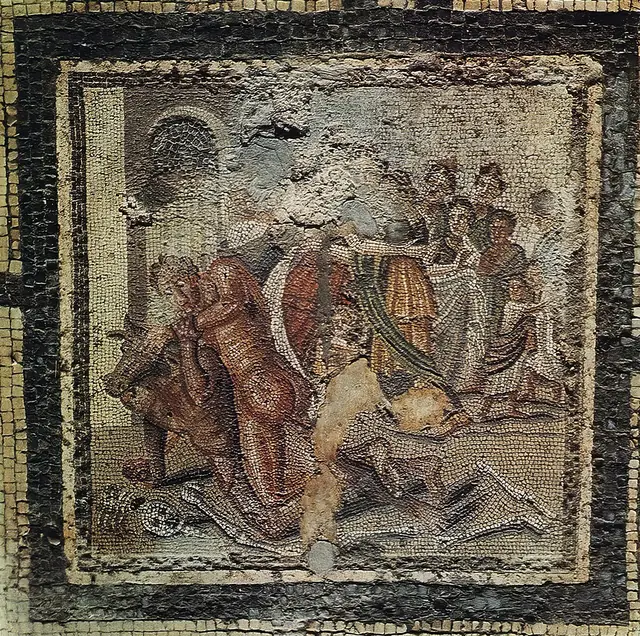 Mosaic depicting Theseus fighting the Minotaur from Room 42 the House of the Labyrinth Pompeii VI 11,9