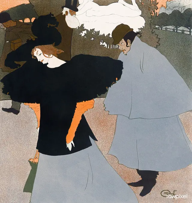 Dame op straat gevolgd door een heer (ca. 1897) print in high resolution by Georges de Feure. Original from The Rijksmuseum. Digitally enhanced by rawpixel. (51080881456)
