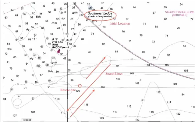 NOAAS Thomas Jefferson (S 222) nautical chart of search for missing divers Block Island Sound 26 August 2012