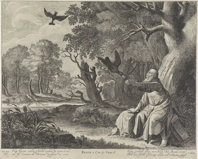 Elia gevoed door de raven Verhaal van Elia (serietitel) Royaalbijbel (serietitel), RP-P-1887-A-11913