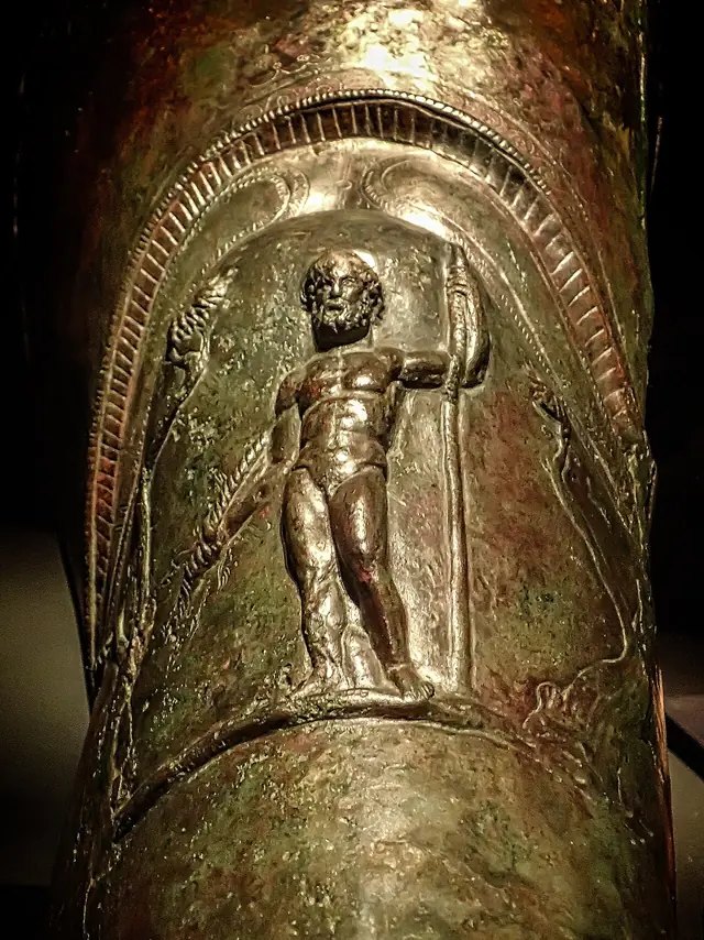 Gladiator shin guard with relief of Hercules found in the gladiator barracks in Pompeii 1st century CE 02