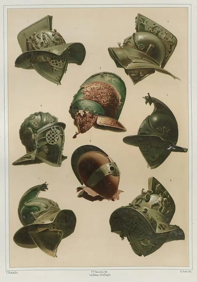 Gladiator helmets recovered from Herculaneum and the gladiator barracks in Pompeii painting by F Mattej, 1854