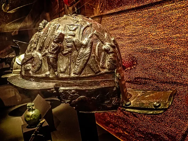 Ornate Roman gladiator helmet with relief including an eagle and Priapus found in the gladiator barracks in Pompeii 1st century CE 02