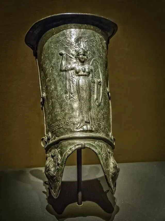 Gladiator shin guard depicting the goddess Athena from the gladiator barracks in Pompeii 1st century CE