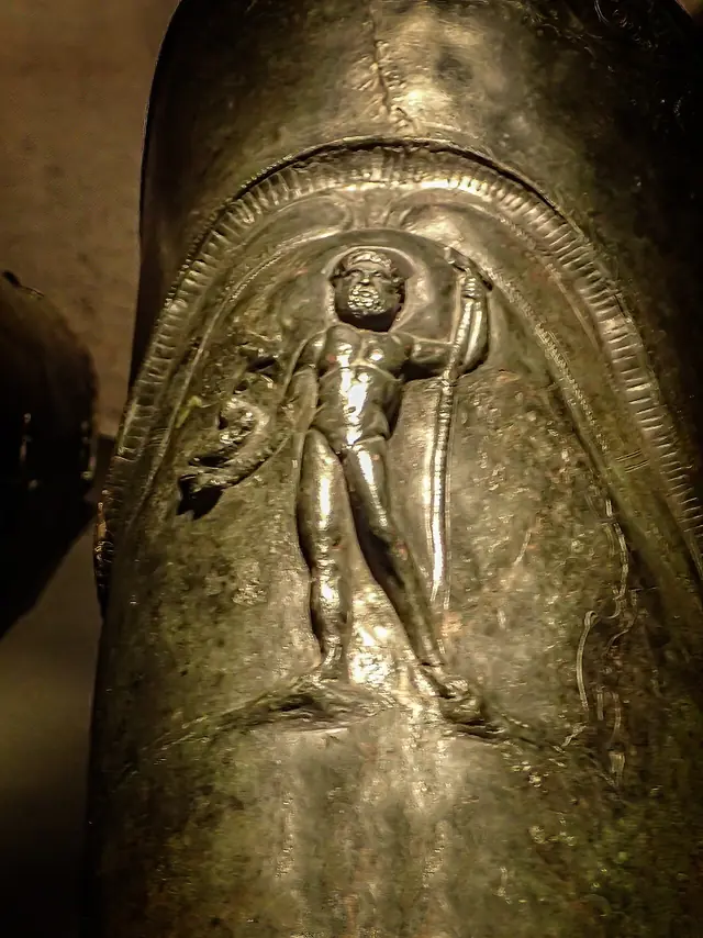 Gladiator shin guard with relief of Hercules found in the gladiator barracks in Pompeii 1st century CE 04