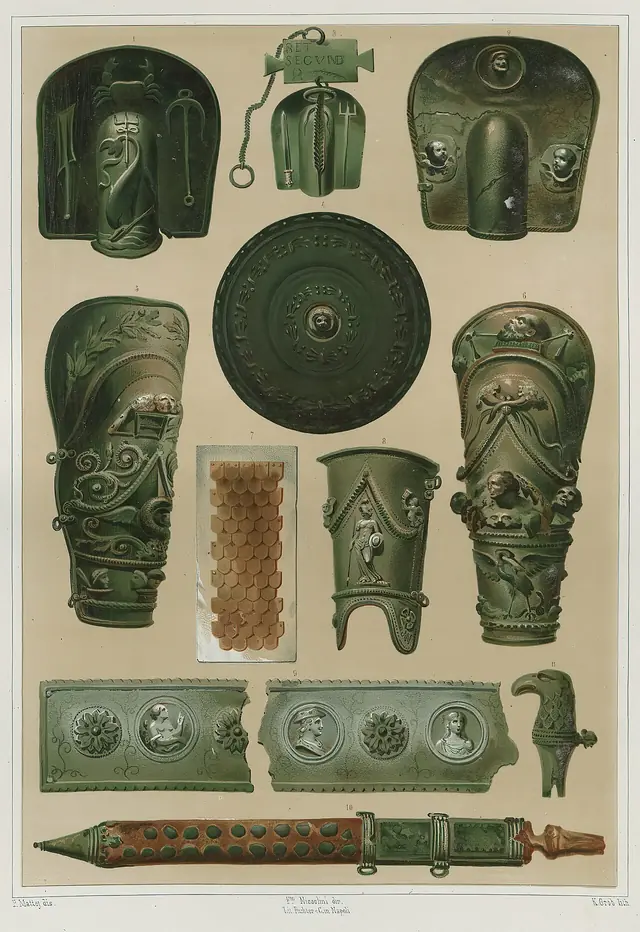 Gladiator armor recovered from Herculaneum and the gladiator barracks in Pompeii painting by F Mattej, 1854