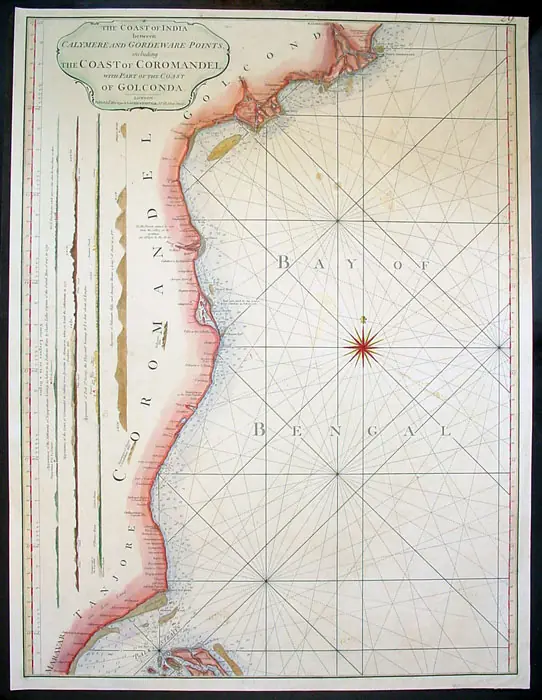 1794 coastal navigational chart of India by Laurie and Whittle
