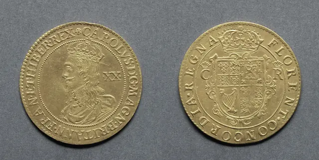 Unite: Charles I (obverse); Crowned Shield (reverse)