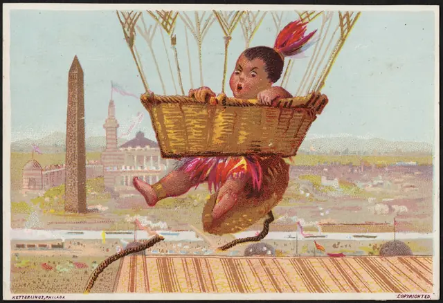 Boy in native dress hanging on to the basket of a hot air balloon as it goes up. -front- (9922940996)