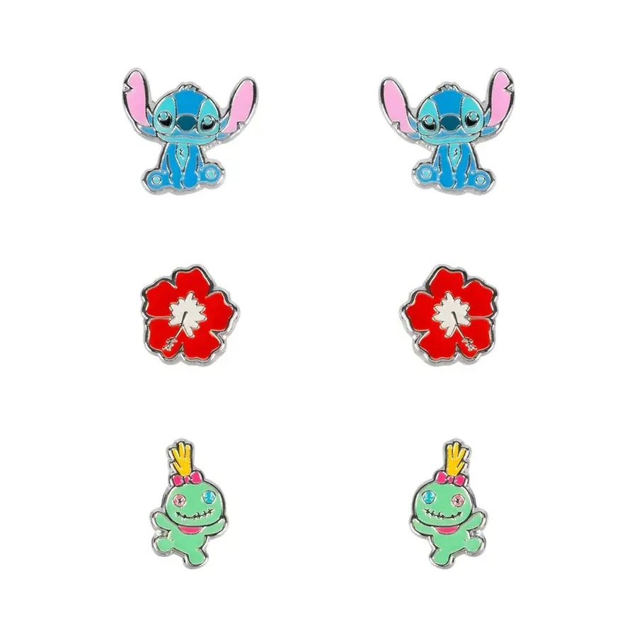 Set 3 Pares de pendientes Stitch Disney plata