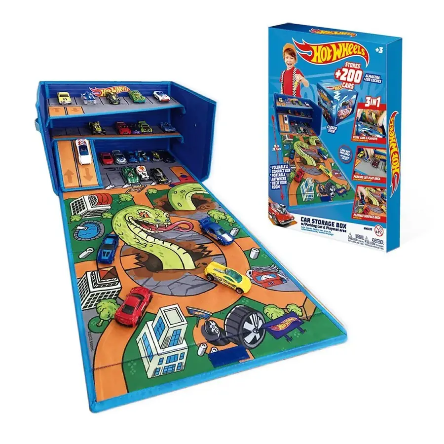Caja organizadora de coches con pista y area de juego Hot Wheels